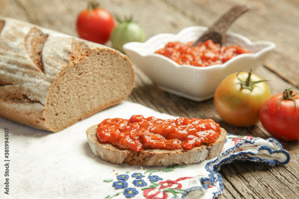 Roasted vegetable spread with bread. Homemade food concept.