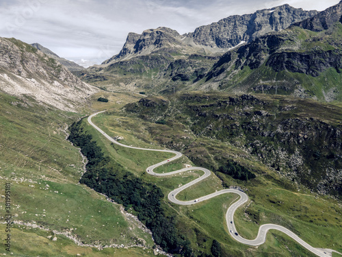 Drone photo of winding roads on Julierpass in Switzerland