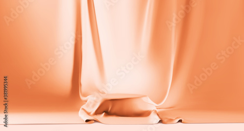 Luxury cosmetic ads, realistic cosmetic orange silk cloth background. Use for cosmetic or products presentations. Cloth podium
