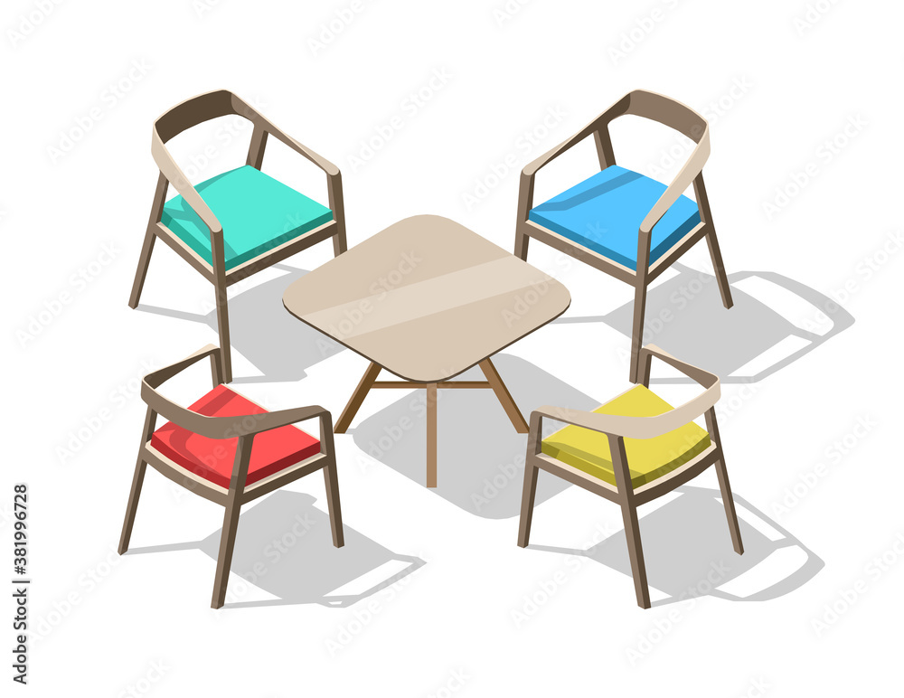 Flat 3d isometric color office chairs and table. Creative interior furniture set isolated on white background. For infographics and design games. Vector illustration Flat 3d isometric color office chairs and table. Creative interior furniture set isolated on white background. For infographics and design games. Vector illustration