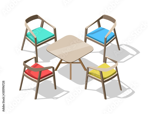 Flat 3d isometric color office chairs and table. Creative interior furniture set isolated on white background. For infographics and design games. Vector illustration