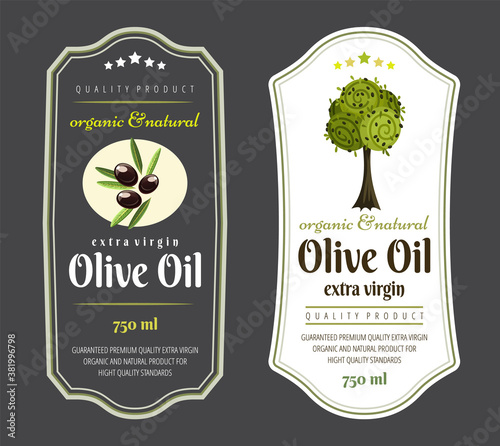 Label elements for olive oil. Elegant dark and light label for premium olive oil packaging. Vector illustration