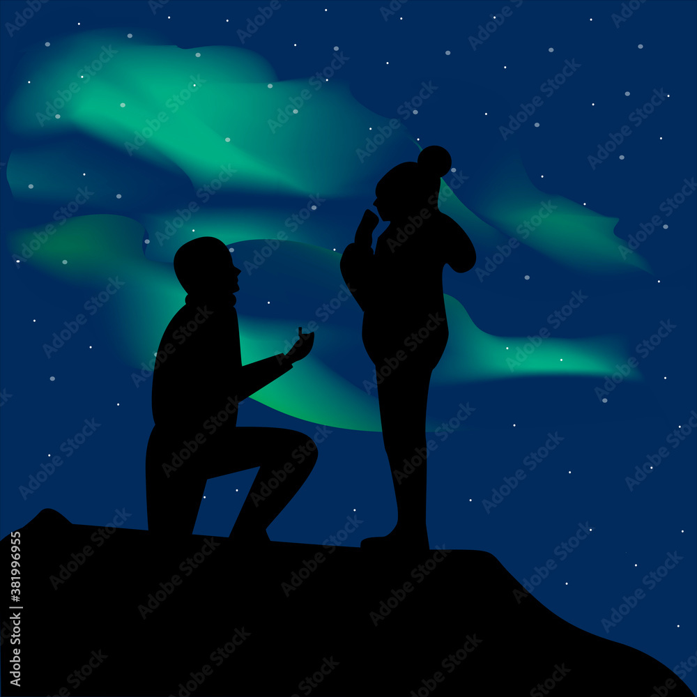 A man making proposal to woman on the background of the northern lights. Vector illustration.Silhouettes of people