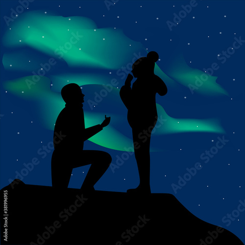 A man making proposal to woman on the background of the northern lights. Vector illustration.Silhouettes of people