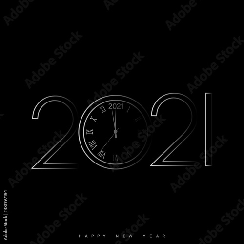 Happy New Year card with clock. 2021. Vector