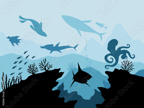 Fototapeta Naklejka Na Ścianę i Meble -  Underwater wildlife. Coral reef with fish on a blue sea background. Tropical vector illustration. Natural seascape. Marine underwater life