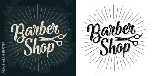 BarberShop calligraphic lettering and scissors . For poster, label, banner, web photo