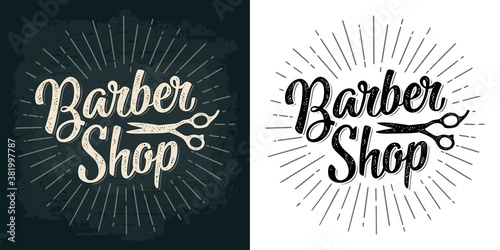 BarberShop calligraphic lettering and scissors . For poster, label, banner, web