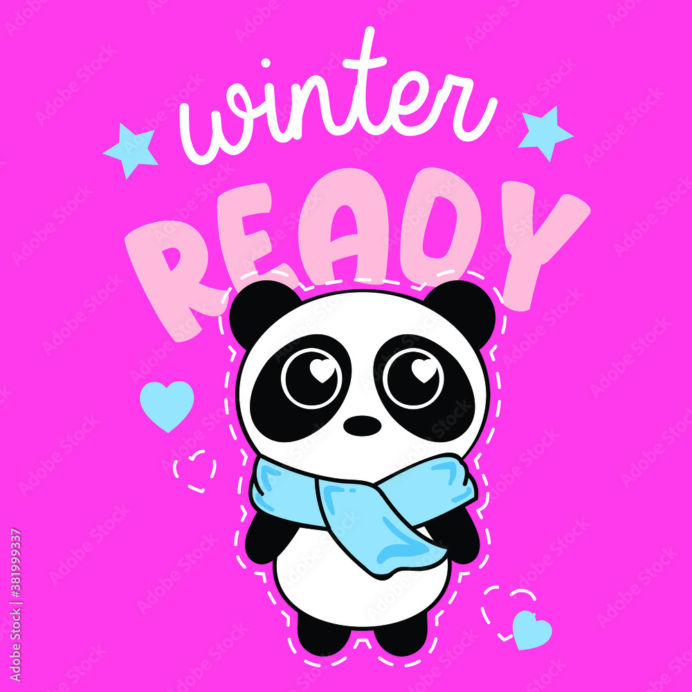 WINTER READY TYPOGRAPHY, ILLLUSTRATION OF A PANDA BEAR WITH A SCARF, SLOGAN PRINT VECTOR