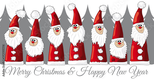 Christmas Team of Santas in a queue Teamwork. Merry Christmas and happy New year.  Seamless Design for holiday banner, invitation, congratulations, season´s greeting card. Vector illustration