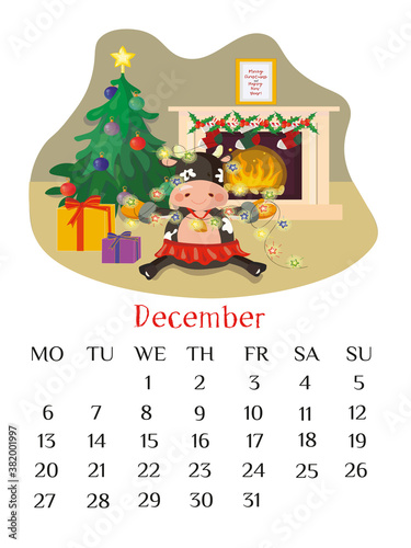December calendar page 2021 with bull decorating christmas tree with lights. Indoor winter scene. Vector illustration and calendar grid.