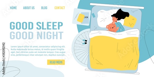Good night time sleep. Tired little girl kid sleeping in comfort bad lying on pillow hugging toy teddy bear under blanket. Bedtime, domestic life. Children health, insomnia treatment. Landing page