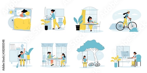 Schoolgirl perform everyday study, leisure set. Girl daily life scene bundle. Schoolchild sleep, do hygiene procedure, eat breakfast, cycle, attend school, have lunch shack, walk, prepare homework