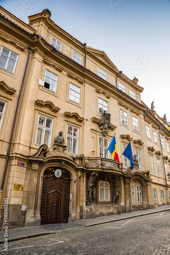 Prague, Czech republic - September 20, 2020. Nerudova street without tourists during travel restrictions in front of Romanian Embassy photo