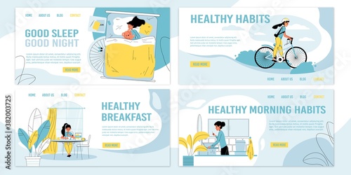 Everyday healthy children morning habits landing page set. Good night sleep schedule, daily hygiene dental care procedure, vegetarian organic breakfast, active sportive lifestyle concept