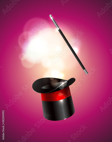 Magic vector background. Vector illustration. Magic cylinder hat and wand with magical glow.