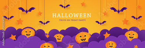 halloween banner template with cloud paper cut style and pumpkin cute cartoon character, bat, happy party holiday, layout design background vector