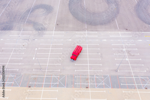 Aerial view on theold  fireman truck on the parking loton fire photo