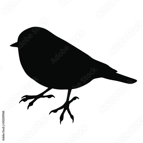 Hand drawn vector silhouette of standing great tit isolated on white background. Black and white  stock illustration of wild bird.