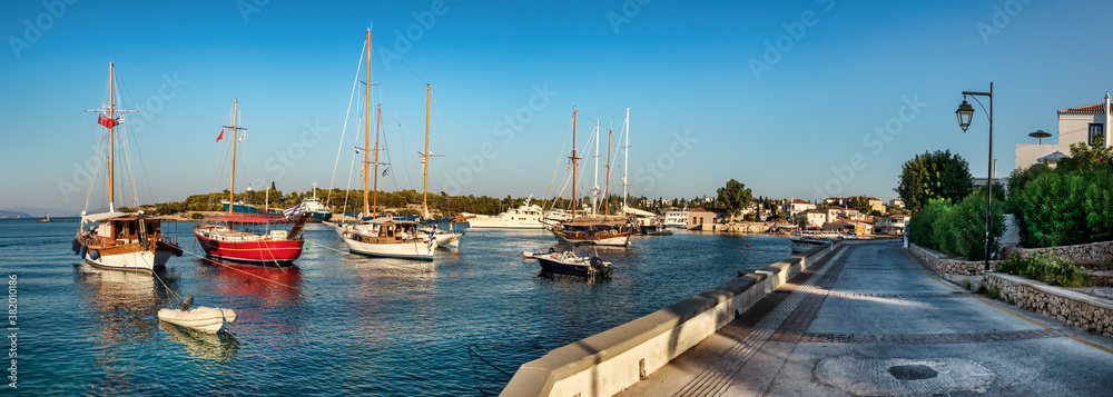 Panoramic view of sailboats at the old port of Spetses located on the Spetson-Moni Agion Anargiron road, Spetses, Greece.
