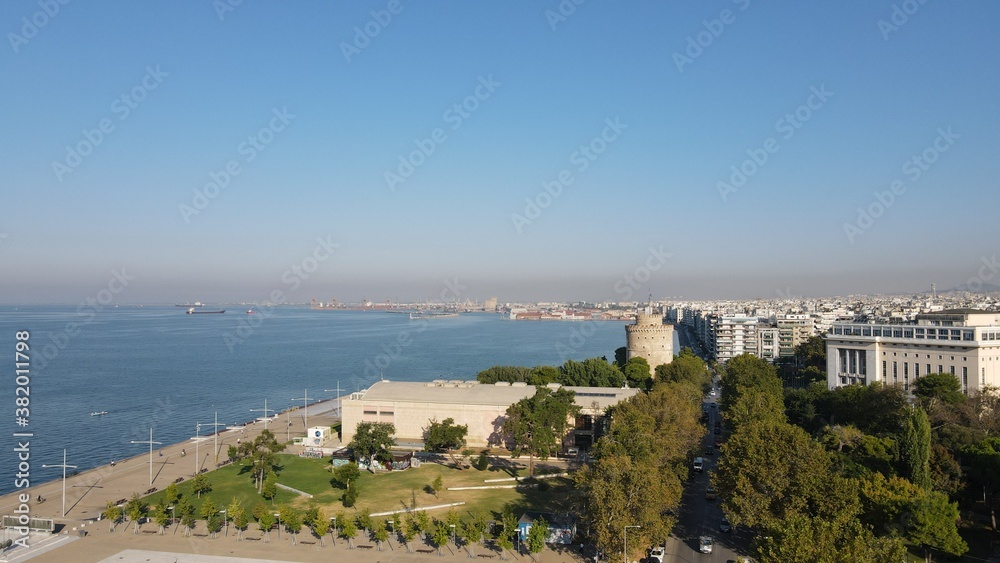 white tower, thessaloniki, greece, macedonia, skg, thermaikos, city, panorama, view, sea, landscape, sky, travel, building, cityscape, panoramic, skyline, urban, europe, water, architecture, town, 