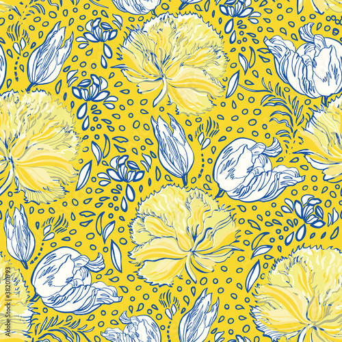 Retro antique tulip half drop pattern. Vintage country style hand drawn floral bouquet. Line art florals on cut out shape, vibrant yellow background. Elegant nature background. Perfect for home decor