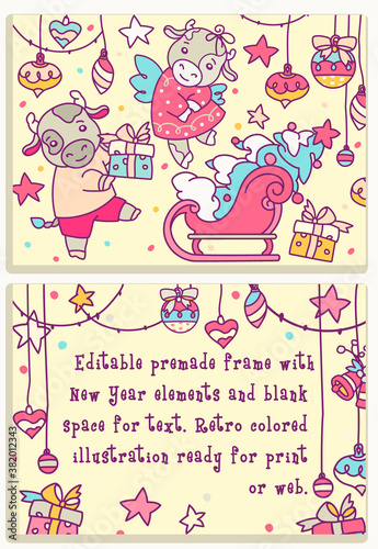 Horizontal New year frame with copy space and cute silver bull. Hand drawing double-sided Christmas greeting card. Vector cartoon illustration ready for print or web.
