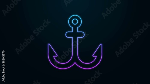Glowing neon line Anchor icon isolated on black background. 4K Video motion graphic animation