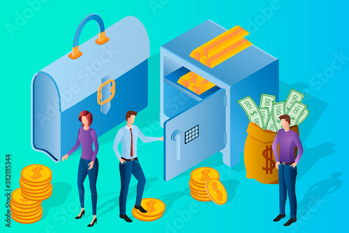 People are engaged in financial activities.Businessmen against the background of a Bank safe and coins and gold bars.Banking and teamwork.Isometric vector illustration.