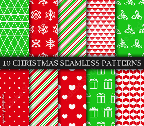 Christmas seamless patterns collection. Xmas New year texture. Festive seamless background with holly, snowflakes, candycane lollipop and geometric ornament. Holiday wrapping paper. Vector