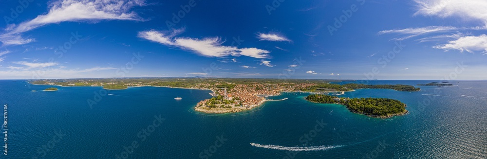 Panoramic aerial drone picture of the historic city Rovinj and harbor in Croatia