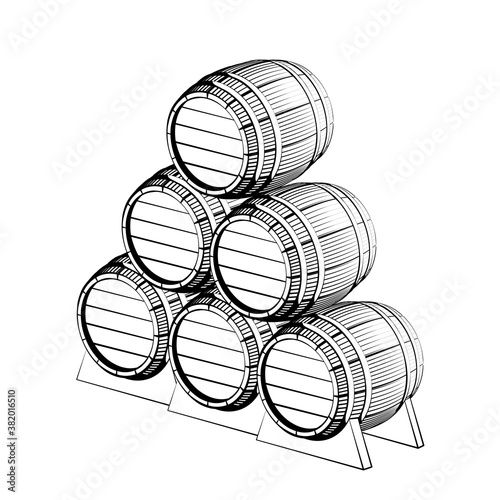 Vector hand drawing wood black barrel with a tap on a stand icons on white background. Engraving style illustrations. Perspective veiw. woodcut