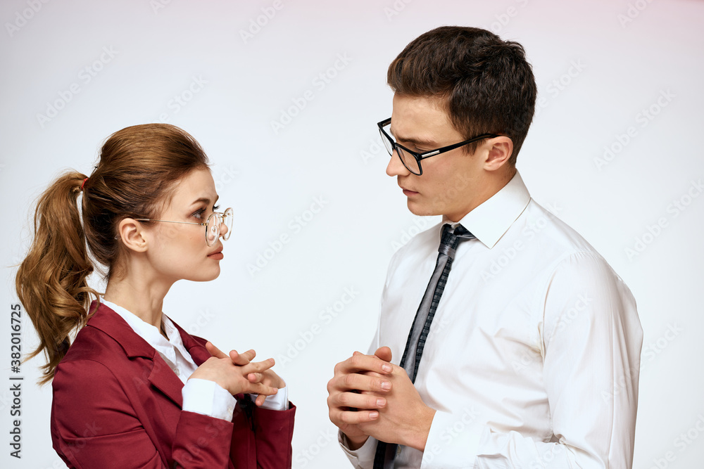 man and woman work colleagues officials communication light background man and woman work colleagues officials communication light background