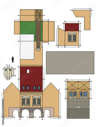 The vectorized hand drawing of an paper model of the old yellow  town burger house © vostal