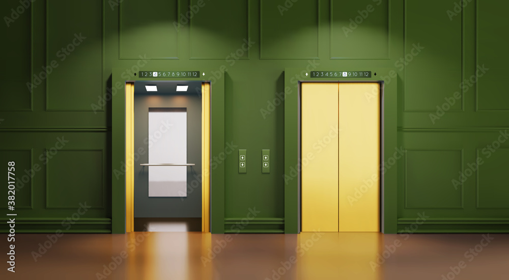 Modern interior with two Golden lift doors. Office hallway with open and closed elevator cabins. Chrome metal hotel building elevator doors. Vector realistic Illustration of lift door, panel metal Modern interior with two Golden lift doors. Office hallway with open and closed elevator cabins. Chrome metal hotel building elevator doors. Vector realistic Illustration of lift door, panel metal
