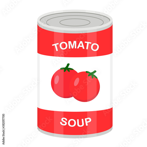 Tin can with canned tomato soup. Vector flat illustration