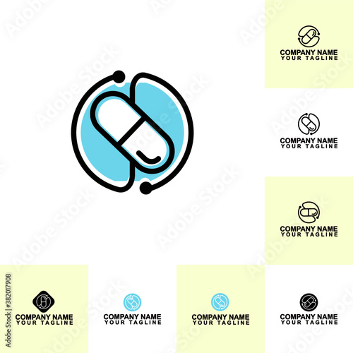 blue circle pill medic blue medicial care line design vector  photo