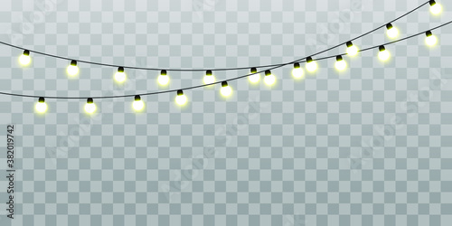 Christmas lights isolated realistic design elements. Glowing lights for Xmas Holiday cards, banners, posters, web design.	