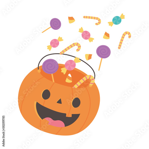 happy halloween pumpkin bucket filled candies celebration