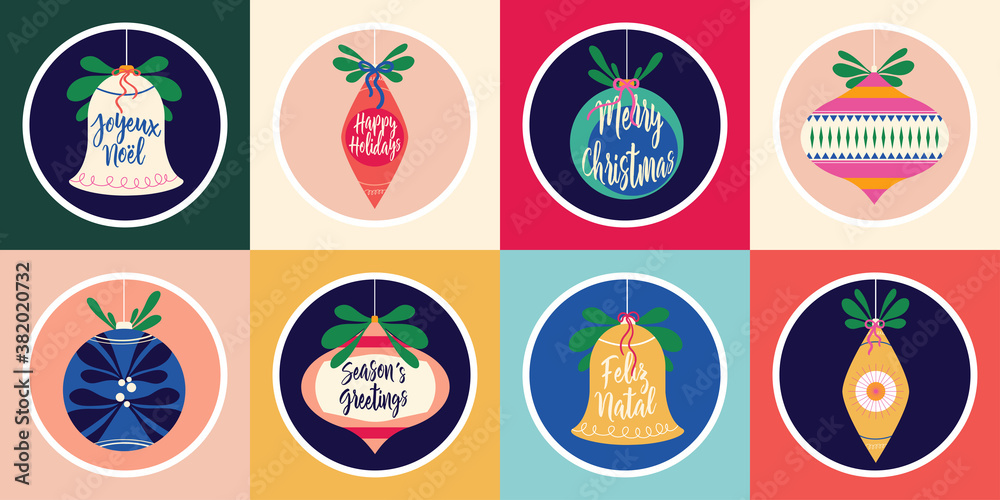 Set of Vintage Christmas Ornament Icons with Merry Christmas, Season's Greetings, Feliz Natal, and Joyeux Noel Written in Script