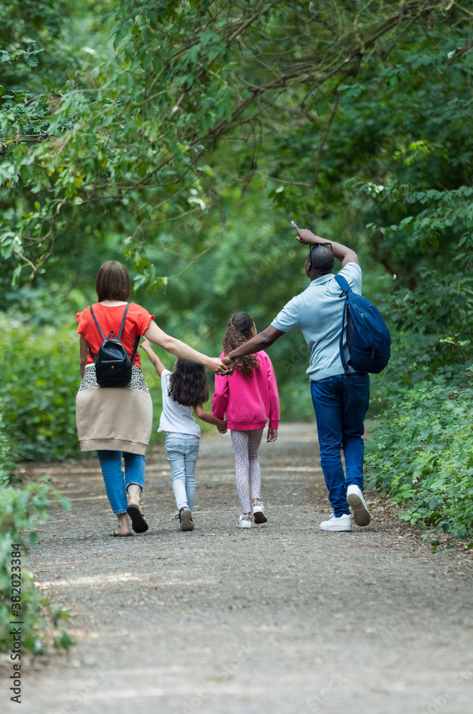 Family holding hands walking on path in park Family holding hands walking on path in park