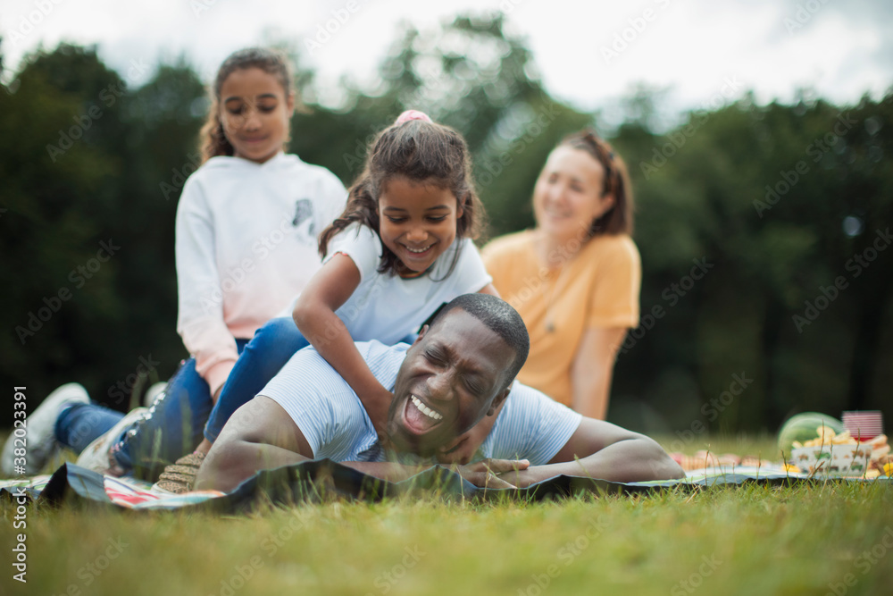 Happy playful family on picnic blanket in park Happy playful family on picnic blanket in park