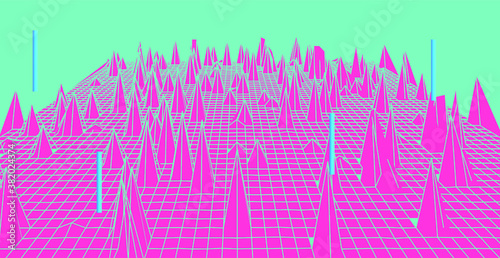 Abstract technology background with warped and distorted laser grid. Vaporwave and synthwave style illustration like in old video arcade games.