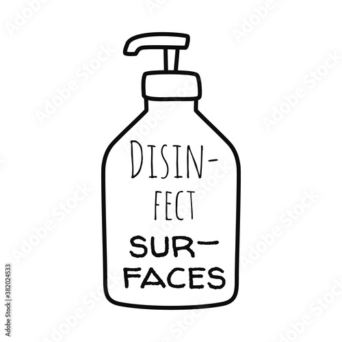 soap bottle with disinfect surfaces lettering design, line style