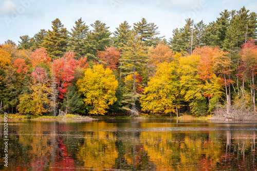 A vibrant lake with foliage in the Adirondacks. 