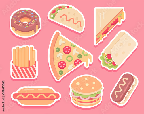 Tasty colorful fast food cartoon vector illustration