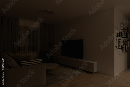 Living room interior design in a modern architectural style. A series of 3d render of interior with different lighting. Illustration for design and presentations