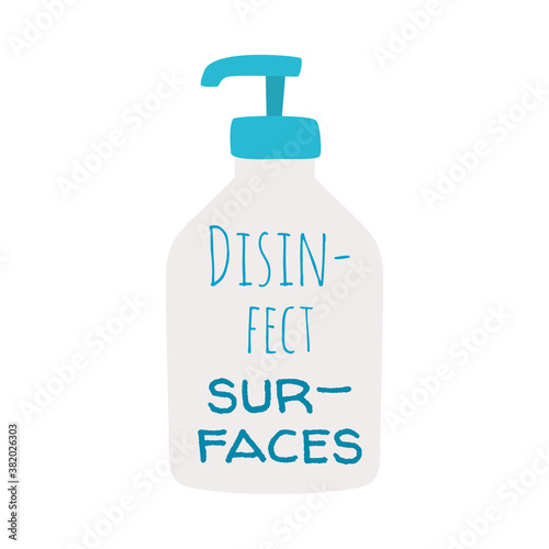 soap bottle with disinfect surfaces lettering design, flat style