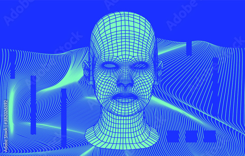 Artificial Intelligence and Neural network concept. 3D human face and infinite perspective grid on the background.