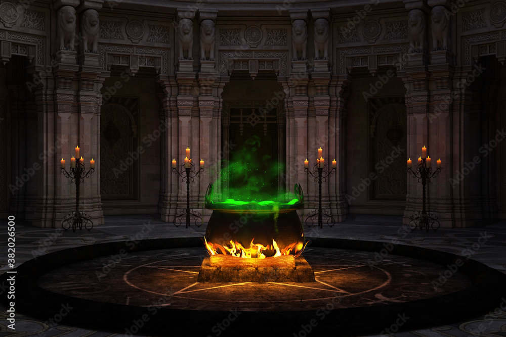 Spooky Witches spell room with cauldron and green smoke. 3d render ...